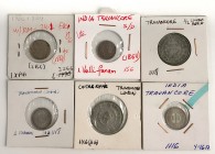 India. Lote de 6 piezas de plata del estado de Travancore, 2 de 1 fanam (1116 y 1118 H), 2 de 1/2 rupia (1116 y 1118 H) y 2 de velli fanam (1864). A E...