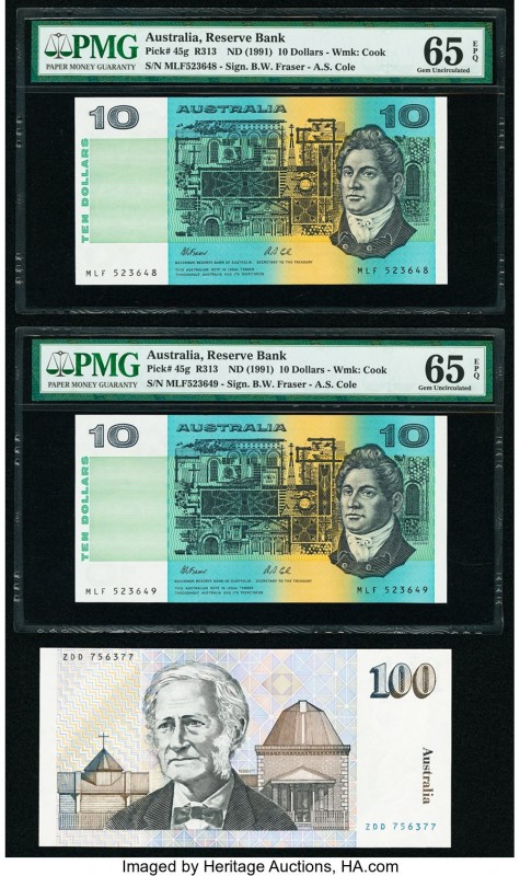 Australia Australia Reserve Bank 10 Dollars ND (1991) Pick 45g R313 Two Consecut...