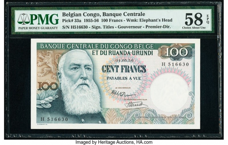 Belgian Congo Banque Centrale du Congo Belge 100 Francs 1.5.1956 Pick 33a PMG Ch...