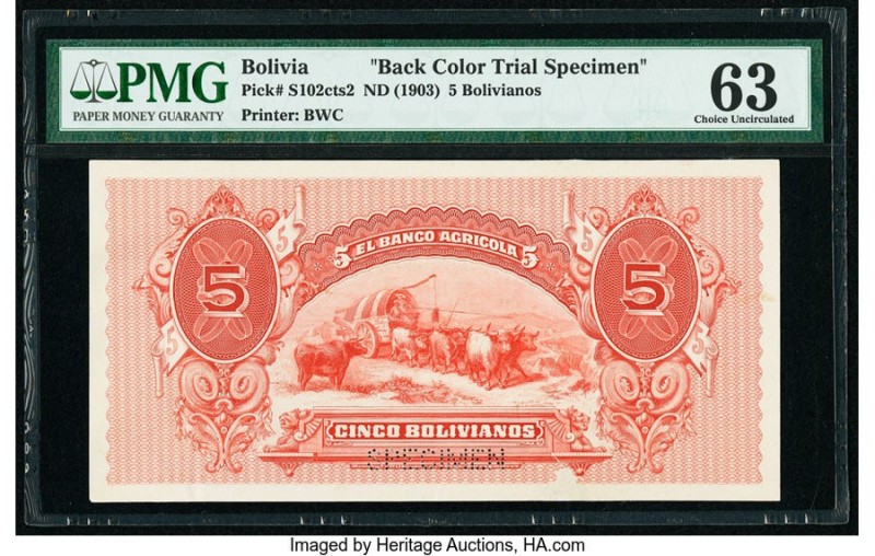 Bolivia Banco Agricola 5 Bolivianos 1903 Pick S102cts2 Back Color Trial Specimen...