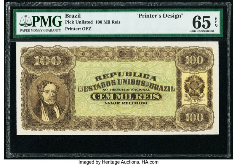 Brazil Republica dos Estados Unidos 100 Mil Reis Pick UNL Printer's Design PMG G...
