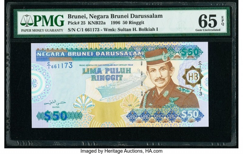 Brunei Negara Brunei Darussalam 50 Ringgit 1996 Pick 25 KNB22a PMG Gem Uncircula...