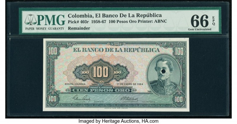 Colombia Banco de la Republica 100 Pesos Oro 1.1.1964 Pick 403r Remainder PMG Ge...