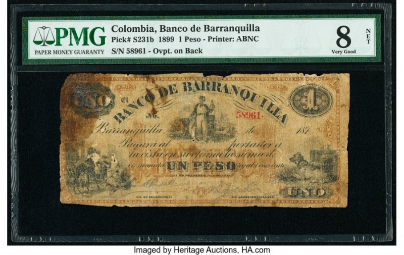 Colombia Banco de Barranquilla 1 Peso 1889 Pick S231b PMG Very Good 8 Net. Paper...