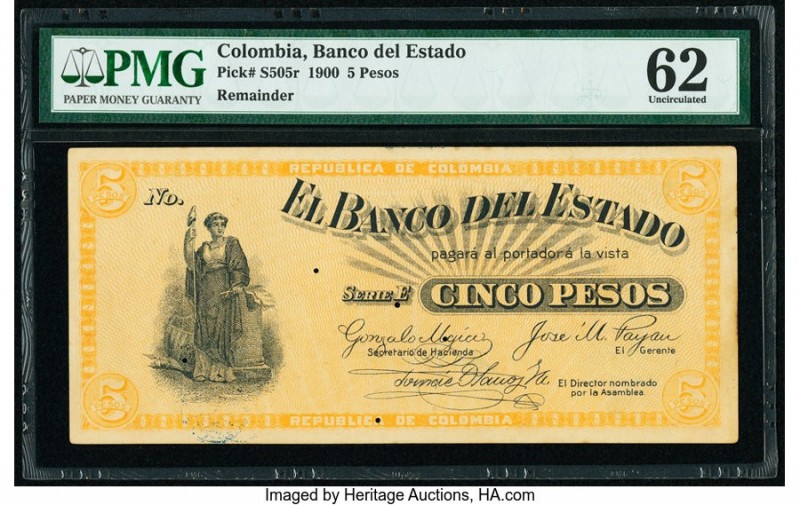 Colombia Banco del Estado 5 Pesos 1900 Pick S505r Remainder PMG Uncirculated 62....