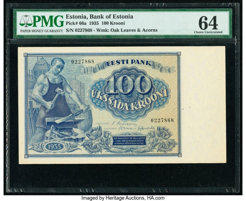 Estonia Bank of Estonia 100 Krooni 1935 Pick 66a PMG Choice Uncirculated 64. 

H...