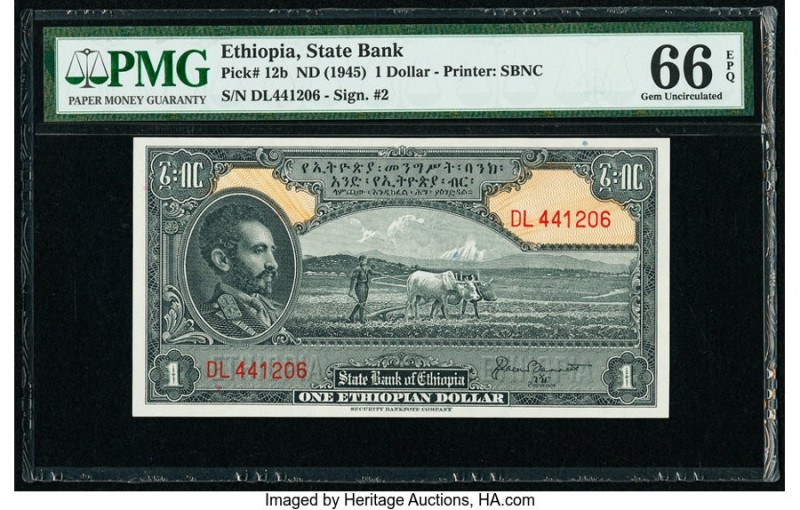 Ethiopia State Bank of Ethiopia 1 Dollar ND (1945) Pick 12b PMG Gem Uncirculated...