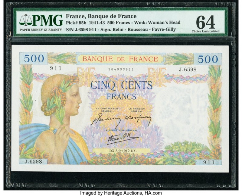 France Banque de France 500 Francs 3.9.1942 Pick 95b PMG Choice Uncirculated 64....