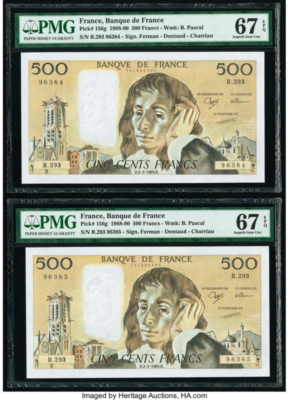 France Banque de France 500 Francs 2.2.1989 Pick 156g Two Examples PMG Superb Ge...