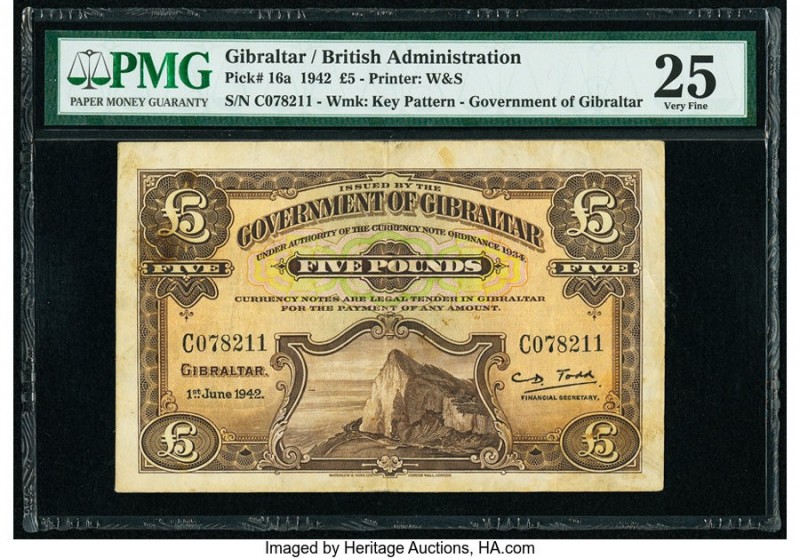 Gibraltar Government of Gibraltar 5 Pounds 1.6.1942 Pick 16a PMG Very Fine 25. 
...