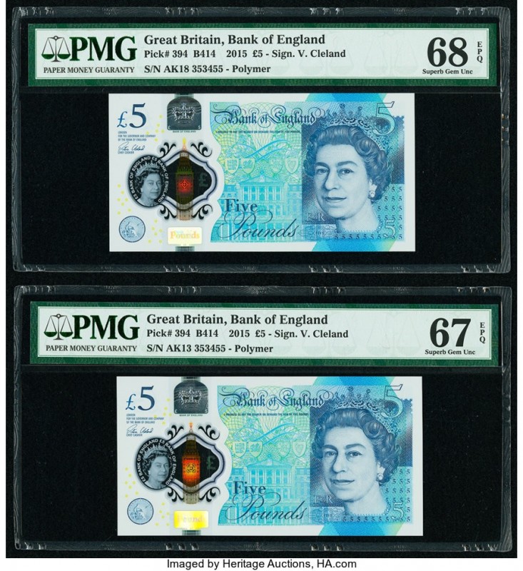 Great Britain Bank of England 5 Pounds 2015 Pick 394 Two Polymer Examples PMG Su...