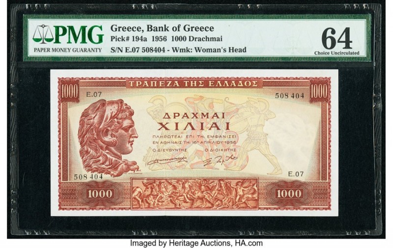 Greece Bank of Greece 1000 Drachmai 1956 Pick 194a PMG Choice Uncirculated 64. 
...