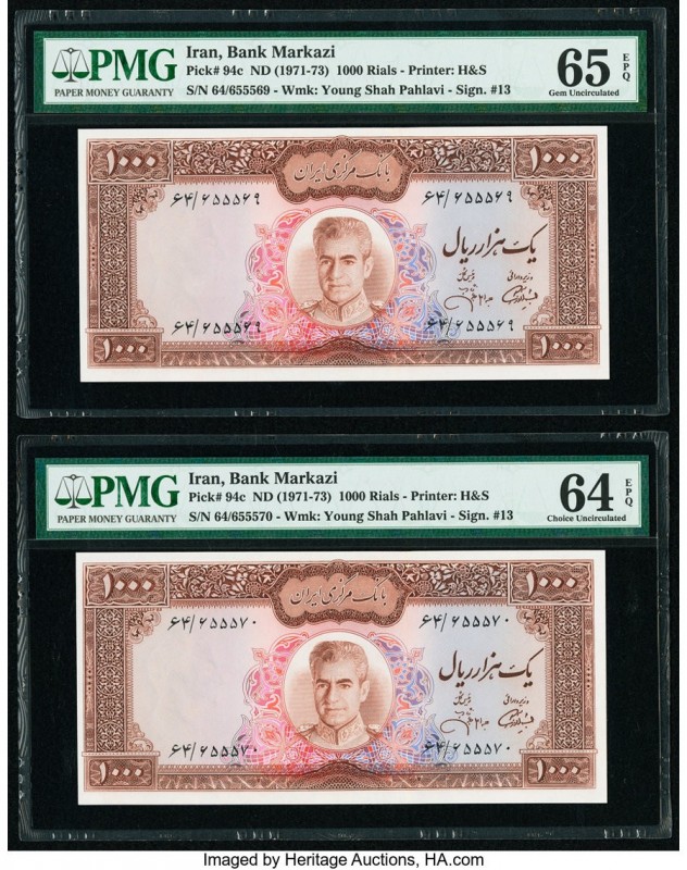 Iran Bank Markazi 1000 Rials ND (1971-73) Pick 94c Two Consecutive Examples PMG ...