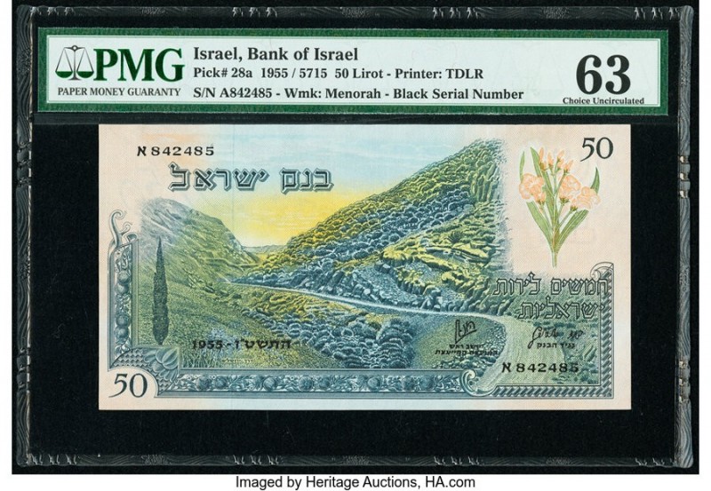 Israel Bank of Israel 50 Lirot 1955 / 5715 Pick 28a PMG Choice Uncirculated 63. ...
