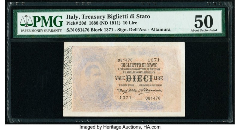 Italy Biglietto Di Stato 10 Lire 1888 (ND 1911) Pick 20d PMG About Uncirculated ...