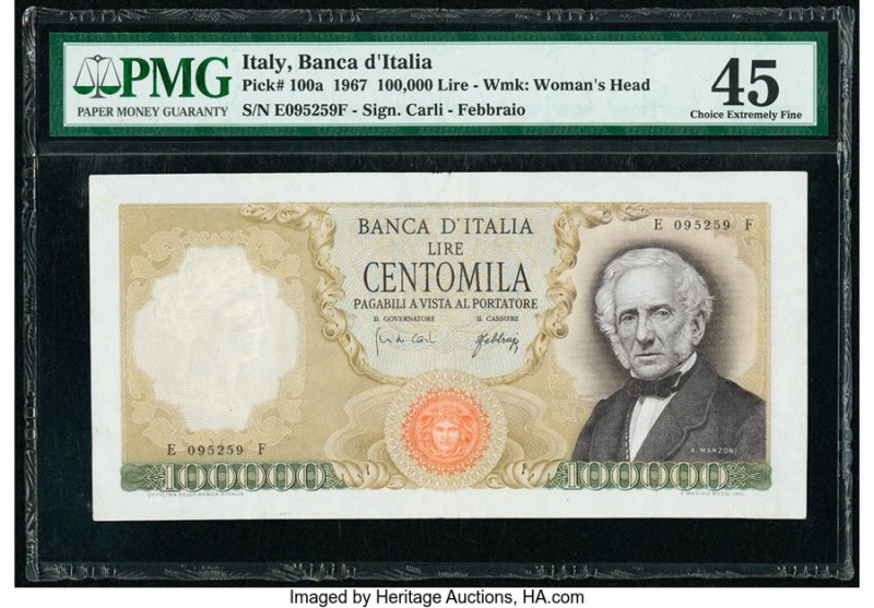 Italy Banca d'Italia 100,000 Lire 1967 Pick 100a PMG Choice Extremely Fine 45. M...