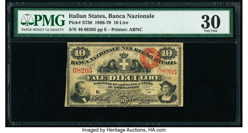 Italy Banca Nazionale nel Regno d'Italia 10 Lire 1866-70 Pick S736 PMG Very Fine...