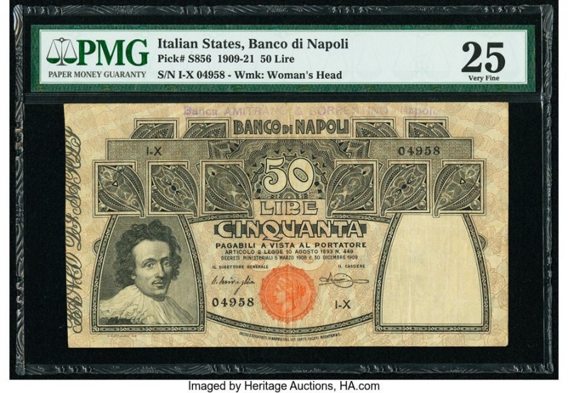 Italy Banco di Napoli 50 Lire 30.12.1909 Pick S856 PMG Very Fine 25. Ink stamp.
...