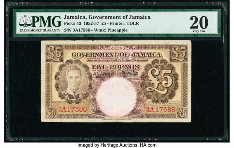 Jamaica Government of Jamaica 5 Pounds 1.8.1952 Pick 43 PMG Very Fine 20. Erasur...