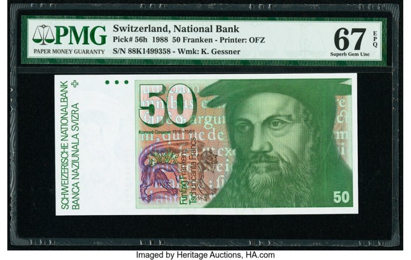 Switzerland National Bank 50 Franken 1988 Pick 56h PMG Superb Gem Unc 67 EPQ. 

...