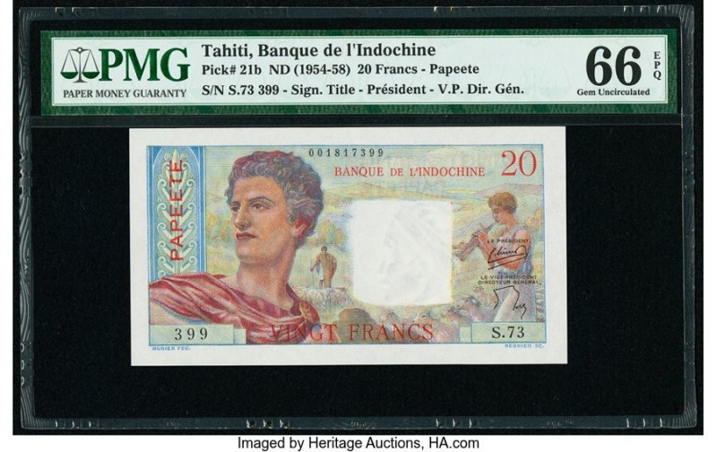 Tahiti Banque de l'Indochine 20 Francs ND (1954-58) Pick 21b PMG Gem Uncirculate...