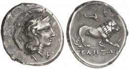 GRIECHISCHE MÜNZEN. LUKANIEN. - Velia (Hyele). 
Didrachme, 420-380 v. Chr. Athenakopf n. rechts, auf dem Helm Greif / Löwe n. rechts, oben Delphin zw...