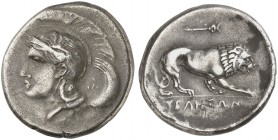 GRIECHISCHE MÜNZEN. LUKANIEN. - Velia (Hyele). 
Didrachme, 420-380 v. Chr. Athenakopf n. links, auf dem Helm Greif / Löwe n. rechts, oben Kerykeion....
