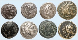 GRIECHISCHE MÜNZEN. KÖNIGREICH MAKEDONIEN. Alexander III., der Große, 336 - 323 v. Chr. 
Lot von 8 Stück: Drachmen (4x), Bronzen (4x, davon 1 x Phili...