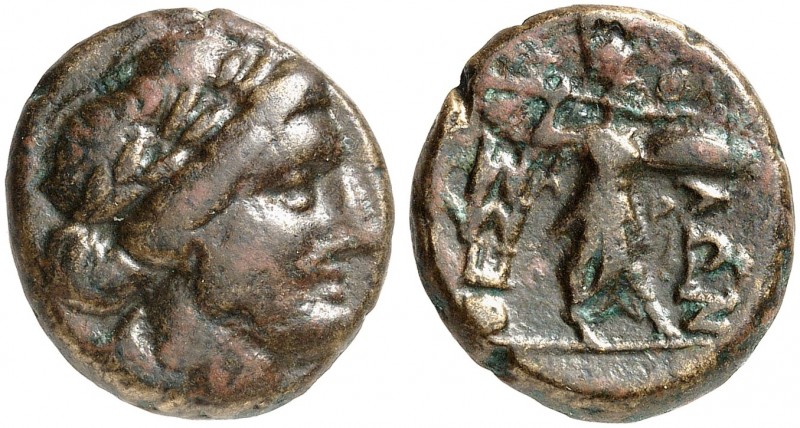 GRIECHISCHE MÜNZEN. THESSALISCHE LIGA. 
Bronze, um 120 v. Chr. Apollonkopf / St...