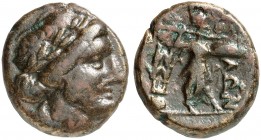 GRIECHISCHE MÜNZEN. THESSALISCHE LIGA. 
Bronze, um 120 v. Chr. Apollonkopf / Stehende Athena.
SNG Cop. 310 ff. var. 7,49 g rotbraune Patina, ss