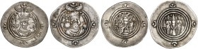 GRIECHISCHE MÜNZEN. SASANIDENREICH. Xusro II., 590 - 628. 
Lot von 2 Stück: Drachmen. Jahr 11, Bishapur mit zusätzlicher Randschrift Afid, Jahr 34, A...