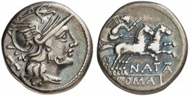 RÖMISCHE MÜNZEN. RÖMISCHE REPUBLIK. Pinarius Natta. 
Denar, 155 v. Chr. Romakopf / Victoria in Biga.
Cr. 200/1; S. 382 3,78 g dunkle Patina, kl. Wec...