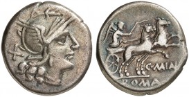 RÖMISCHE MÜNZEN. RÖMISCHE REPUBLIK. C. Maianus. 
Denar, 153 v. Chr. Romakopf / Victoria in Biga.
Cr. 203/1b; S. 427 3,81 g ss