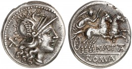 RÖMISCHE MÜNZEN. RÖMISCHE REPUBLIK. Pinarius Natta. 
Denar, 149 v. Chr. Romakopf / Victoria in Biga.
Cr. 208/1; S. 390 3,55 g ss