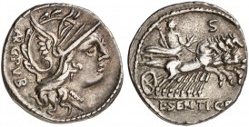 RÖMISCHE MÜNZEN. RÖMISCHE REPUBLIK. L. Sentius. 
Denar, 101 v. Chr. Romakopf / Iuppiter in Quadriga.
Cr. 325/1a; S. 600 3,87 g ss