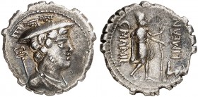 RÖMISCHE MÜNZEN. RÖMISCHE REPUBLIK. C. Mamilius Limetanus. 
Denar (Serratus), 82 v. Chr. Büste des Mercurius / Odysseus mit seinem Hund Argos.
Cr. 3...