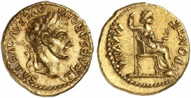 RÖMISCHE MÜNZEN. RÖMISCHE KAISERZEIT. Tiberius, 14 - 37. 
Aureus, Lugdunum. Rev. Thronende Livia als Pax.
RIC 29; Cal. 305a Gold 7,81 g min. Druckst...