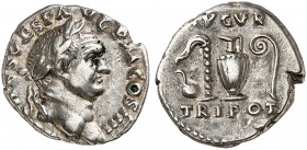 RÖMISCHE MÜNZEN. RÖMISCHE KAISERZEIT. Vespasianus, 69 - 79. 
Denar. Rev. Priestergeräte.
RIC 356 3,52 g gutes Portrait mit hohem Relief, kl. Sfr. am...