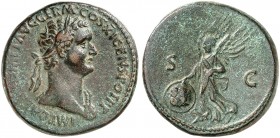 RÖMISCHE MÜNZEN. RÖMISCHE KAISERZEIT. Domitianus Augustus, 81 - 96. 
As. Rev. Schreitende Victoria mit Schild n. links.
RIC 388 11,69 g grüne Patina...
