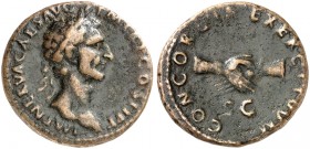 RÖMISCHE MÜNZEN. RÖMISCHE KAISERZEIT. Nerva, 96 - 98. 
As. Rev. Handschlag.
RIC 53; C. 17 9,38 g braune Patina, l. korrodiert, ss