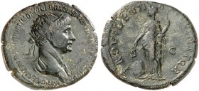 RÖMISCHE MÜNZEN. RÖMISCHE KAISERZEIT. Traianus, 98 - 117. 
Dupondius. Rev. Stehende Providentia.
RIC 665; C. 322 12,47 g schwarze Patina, f. ss