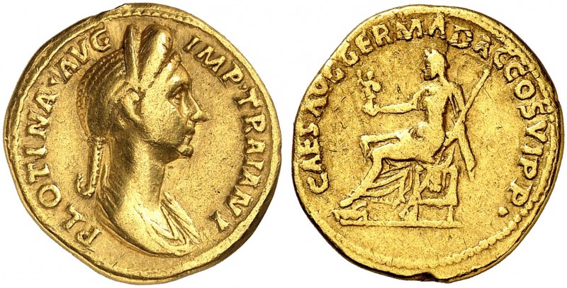 RÖMISCHE MÜNZEN. RÖMISCHE KAISERZEIT. Plotina, gest. 123. 
Aureus. Rev. Thronen...