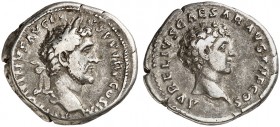 RÖMISCHE MÜNZEN. RÖMISCHE KAISERZEIT. Antoninus Pius, 138 - 161. 
Denar. Rev. Kopf des Marcus Aurelius Caesar.
RIC 417a; C. 15 3,43 g ss