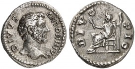RÖMISCHE MÜNZEN. RÖMISCHE KAISERZEIT. Antoninus Pius, 138 - 161. 
Denar, Consecratio, geprägt unter Marcus Aurelius. Rev. Thronender Kaiser.
RIC 442...