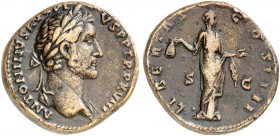 RÖMISCHE MÜNZEN. RÖMISCHE KAISERZEIT. Antoninus Pius, 138 - 161. 
Sesterz. Rev. Stehende Liberalitas.
RIC 928; C. 540 24,99 g braune Patina, ss