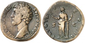 RÖMISCHE MÜNZEN. RÖMISCHE KAISERZEIT. Marcus Aurelius Caesar, 139 - 161. 
Sesterz. Linksbüste / Stehende Felicitas an Säule.
RIC (AP) 1337b; C. 922 ...