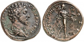 RÖMISCHE MÜNZEN. RÖMISCHE KAISERZEIT. Marcus Aurelius Caesar, 139 - 161. 
Sesterz. Rev. Schreitender Mars.
RIC 1352b; C. 757 31,47 g braune Patina, ...