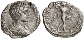 RÖMISCHE MÜNZEN. RÖMISCHE KAISERZEIT. Caracalla Caesar, 196 - 198. 
Denar. Rev. Schreitender Mars.
RIC 11; C. 154 2,50 g knapper Schrötling, ss