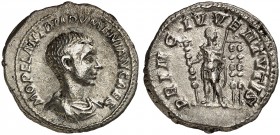RÖMISCHE MÜNZEN. RÖMISCHE KAISERZEIT. Diadumenianus Caesar, 217 - 218. 
Denar. Rev. Stehender Princeps Iuventutis mit drei Standarten.
RIC 102; C. 3...