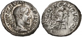 RÖMISCHE MÜNZEN. RÖMISCHE KAISERZEIT. Maximinus I. Thrax, 235 - 238. 
Denar. Rev. Thronende Salus mit Schlange.
RIC 14; C. 86 3,81 g ss - vz / ss